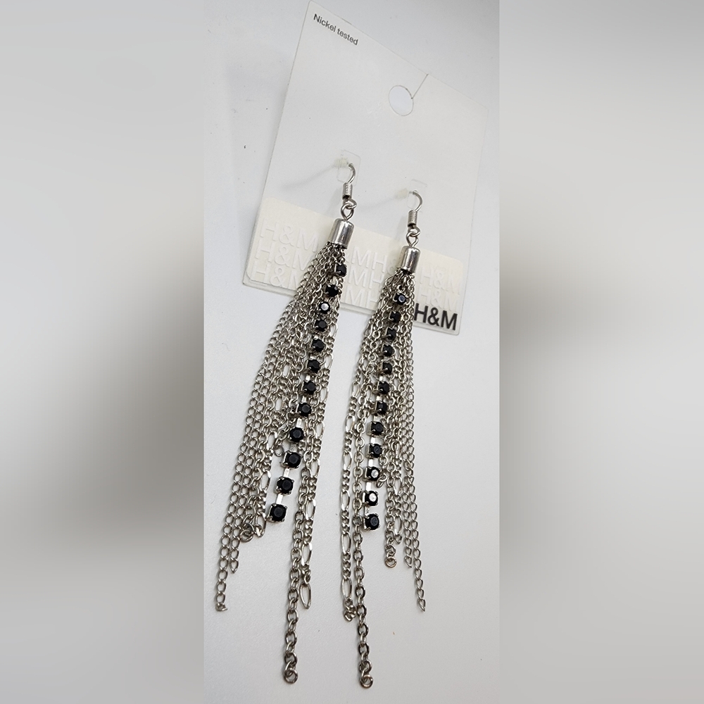 Long Tassel Earrings Chain Black Rhinestone H&M Dangle 4.5" Silver Tone